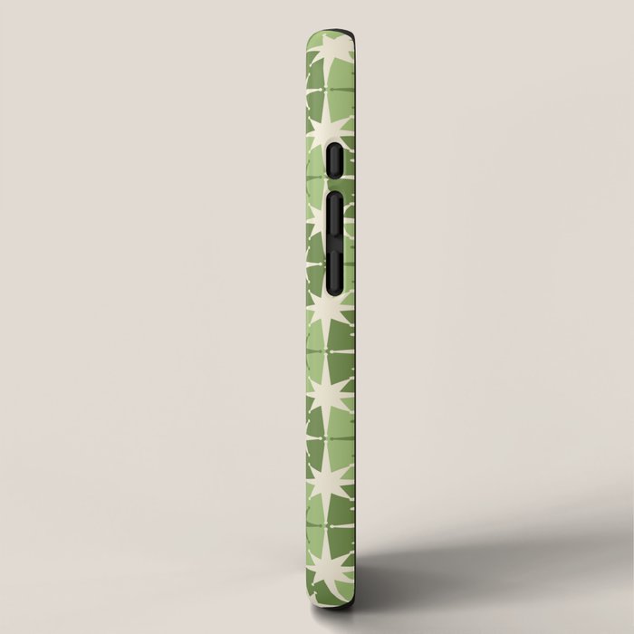 Mid Century Modern Atomic Stars Retro Checkered Starburst Pattern in Sage Olive Green iPhone Case Gallery Image 2