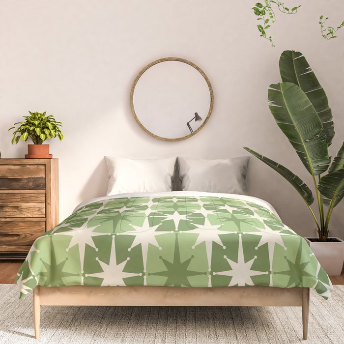 Mid Century Modern Atomic Stars Retro Checkered Starburst Pattern in Sage Olive Green Comforter Gallery Image 3