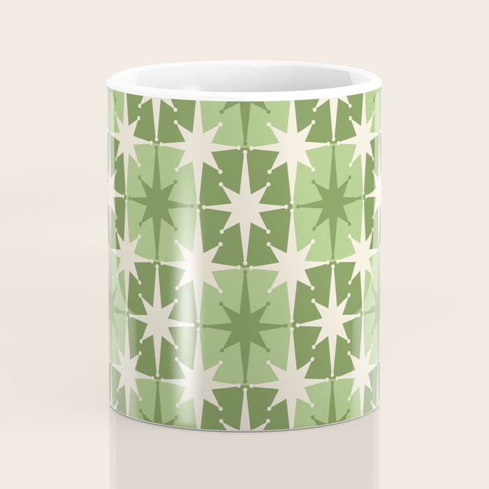 Mid Century Modern Atomic Stars Retro Checkered Starburst Pattern in Sage Olive Green Coffee Mug Gallery Image 4