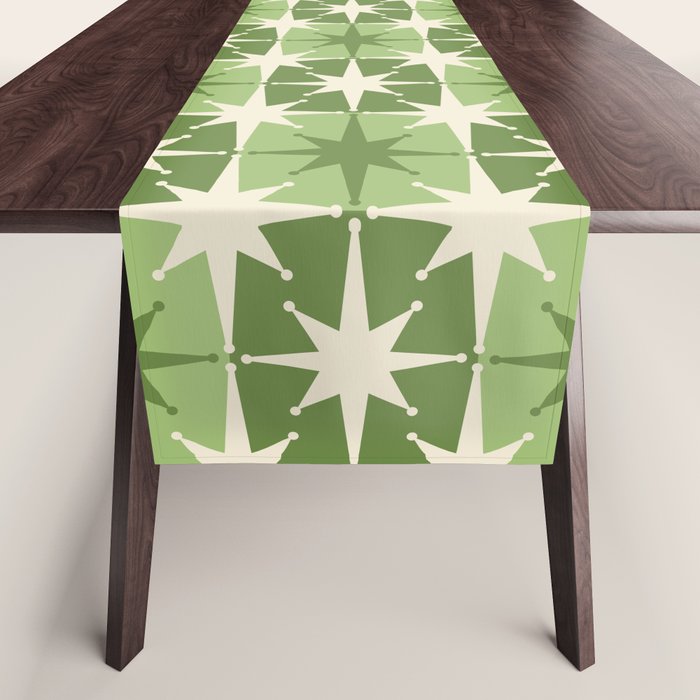 Mid Century Modern Atomic Stars Retro Checkered Starburst Pattern in Sage Olive Green Table Runner Gallery Image 1
