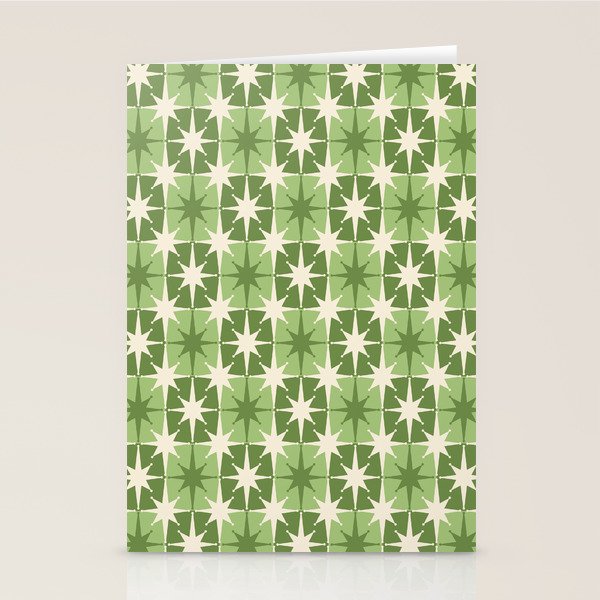 Mid Century Modern Atomic Stars Retro Checkered Starburst Pattern in Sage Olive Green Stationery Card Gallery Image 2