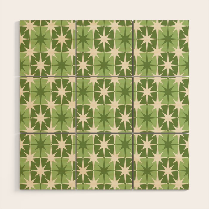 Mid Century Modern Atomic Stars Retro Checkered Starburst Pattern in Sage Olive Green Wood Wall Art Gallery Image 1