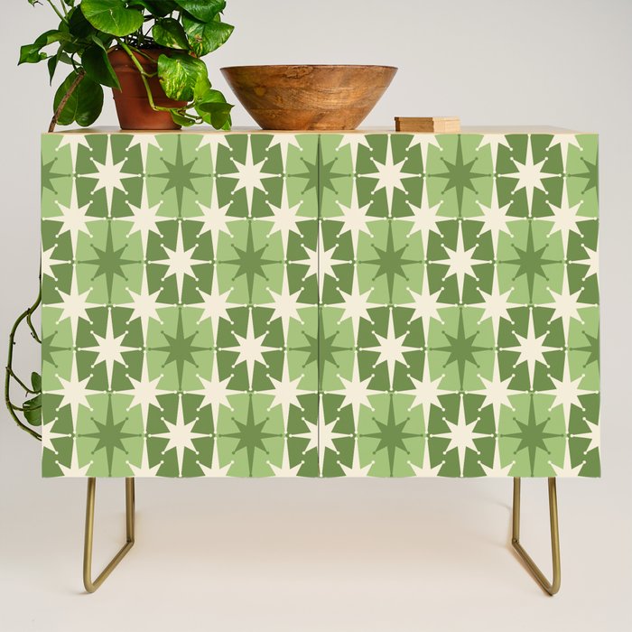 Mid Century Modern Atomic Stars Retro Checkered Starburst Pattern in Sage Olive Green Credenza Gallery Image 1