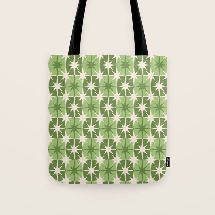 Mid Century Modern Atomic Stars Retro Checkered Starburst Pattern in Sage Olive Green Tote Bag Gallery Image 1