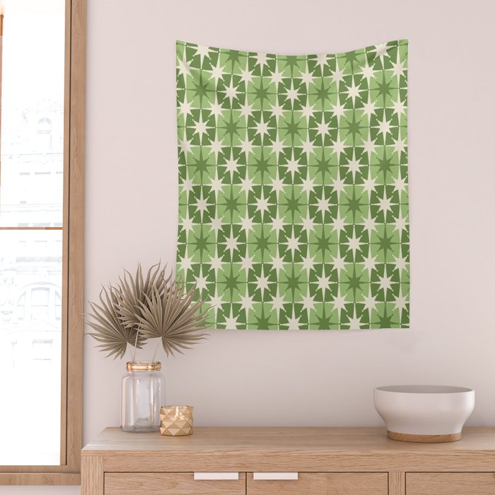 Mid Century Modern Atomic Stars Retro Checkered Starburst Pattern in Sage Olive Green Wall Tapestry Gallery Image 2