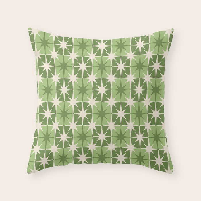 Mid Century Modern Atomic Stars Retro Checkered Starburst Pattern in Sage Olive Green Throw Pillow Gallery Image 6