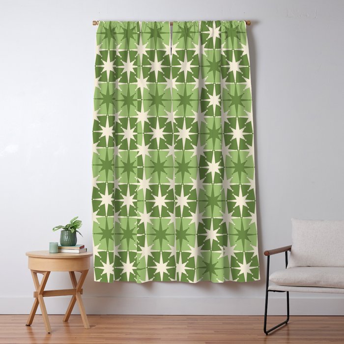 Mid Century Modern Atomic Stars Retro Checkered Starburst Pattern in Sage Olive Green Window Curtain Gallery Image 5