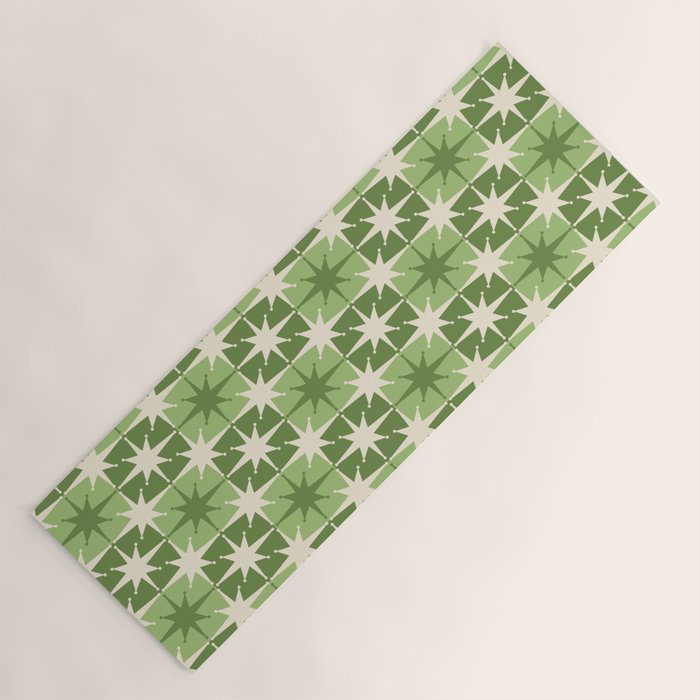 Mid Century Modern Atomic Stars Retro Checkered Starburst Pattern in Sage Olive Green Yoga Mat Gallery Image 1