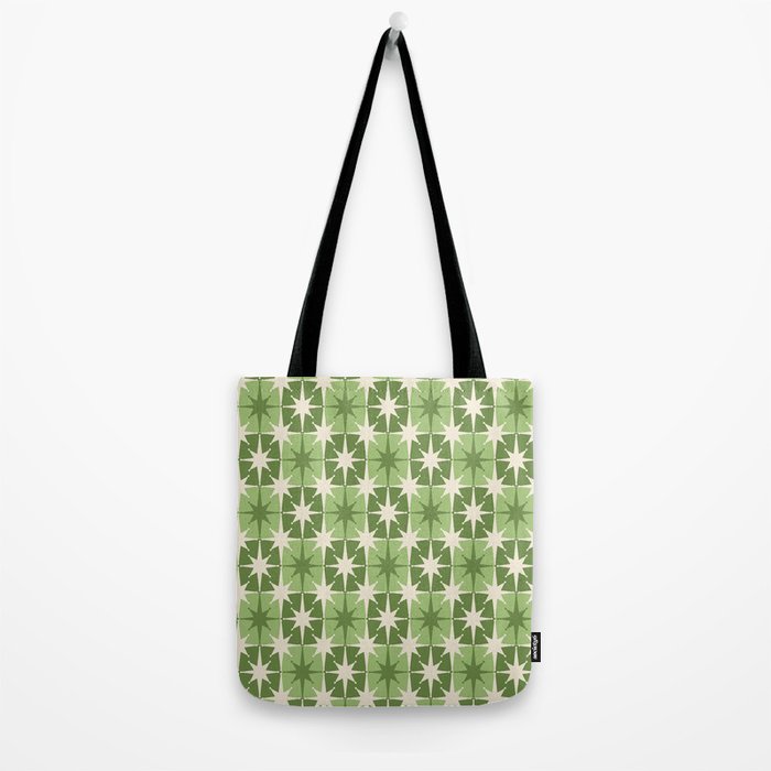 Mid Century Modern Atomic Stars Retro Checkered Starburst Pattern in Sage Olive Green Tote Bag Gallery Image 2