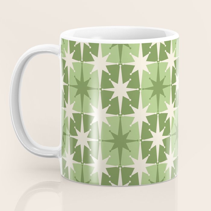 Mid Century Modern Atomic Stars Retro Checkered Starburst Pattern in Sage Olive Green Coffee Mug Gallery Image 3
