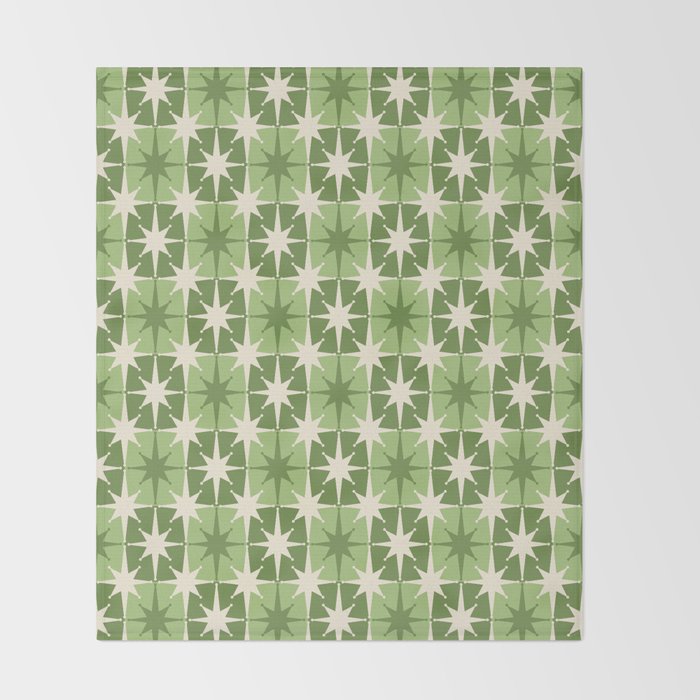 Mid Century Modern Atomic Stars Retro Checkered Starburst Pattern in Sage Olive Green Throw Blanket Gallery Image 2