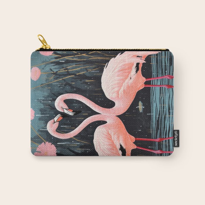 Pink Flamingos Pair In The Teal Rain Carry All Pouch Gallery Image 1