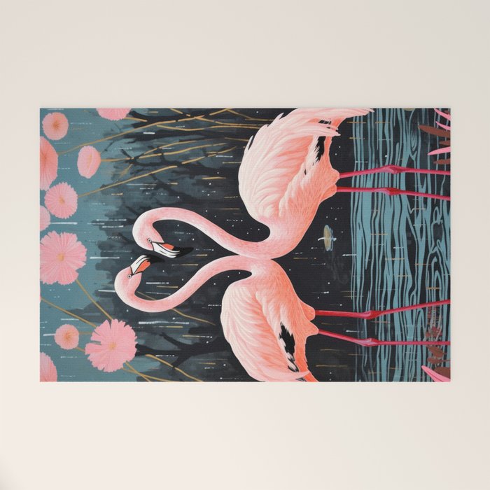 Pink Flamingos Pair In The Teal Rain Welcome Mat Gallery Image 1