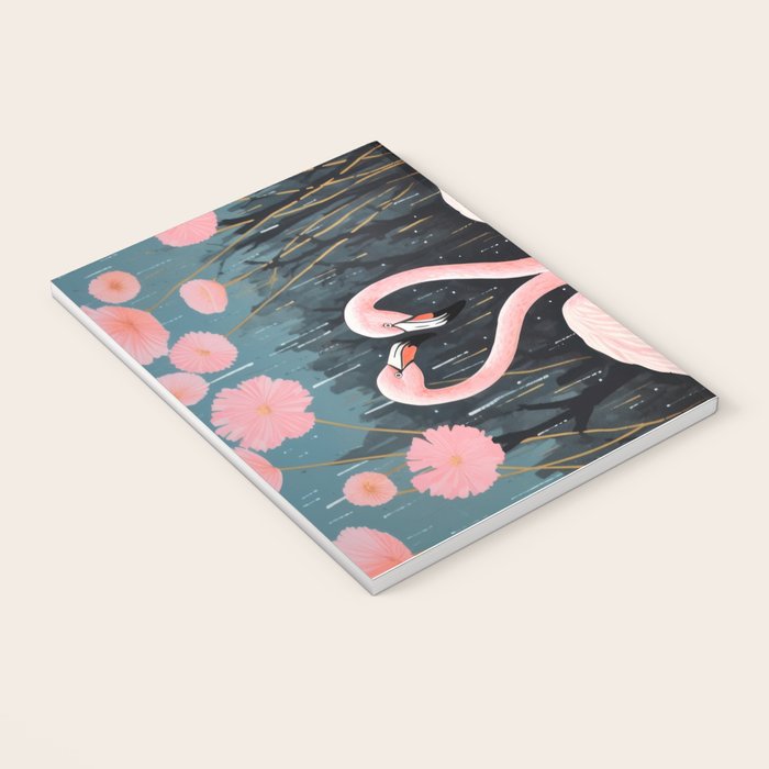 Pink Flamingos Pair In The Teal Rain Notebook Gallery Image 3