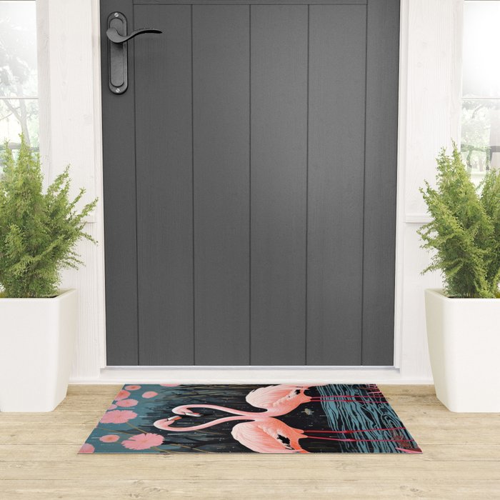 Pink Flamingos Pair In The Teal Rain Welcome Mat Gallery Image 3