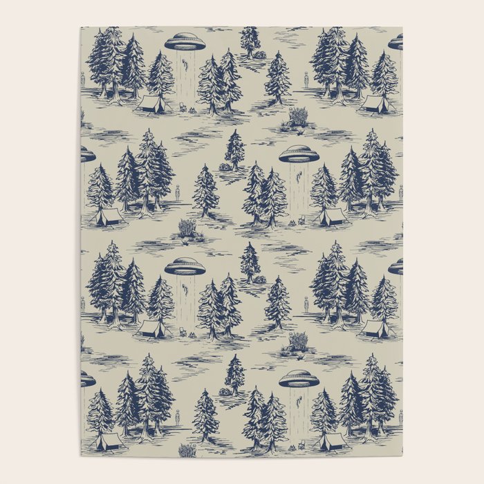 Alien Abduction Toile De Jouy Pattern in Blue Poster Gallery Image 4