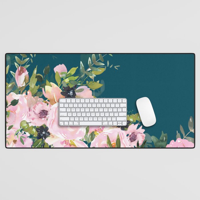 Floral Watercolor Roses, Teal and Pink, Vintage Desk Mat Gallery Image 1