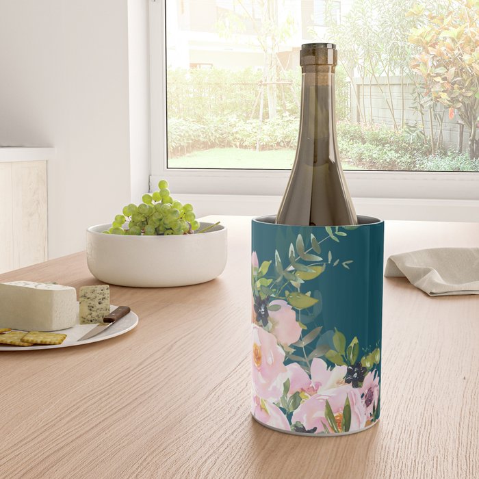 Floral Watercolor Roses, Teal and Pink, Vintage Wine Chiller Gallery Image 4