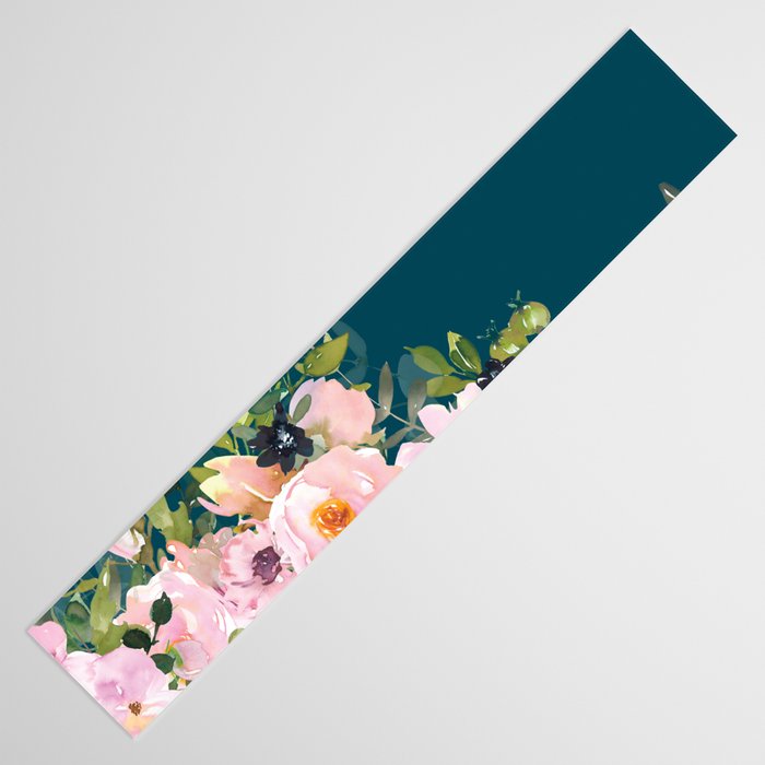 Floral Watercolor Roses, Teal and Pink, Vintage Table Runner Gallery Image 3