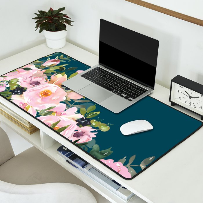Floral Watercolor Roses, Teal and Pink, Vintage Desk Mat Gallery Image 2