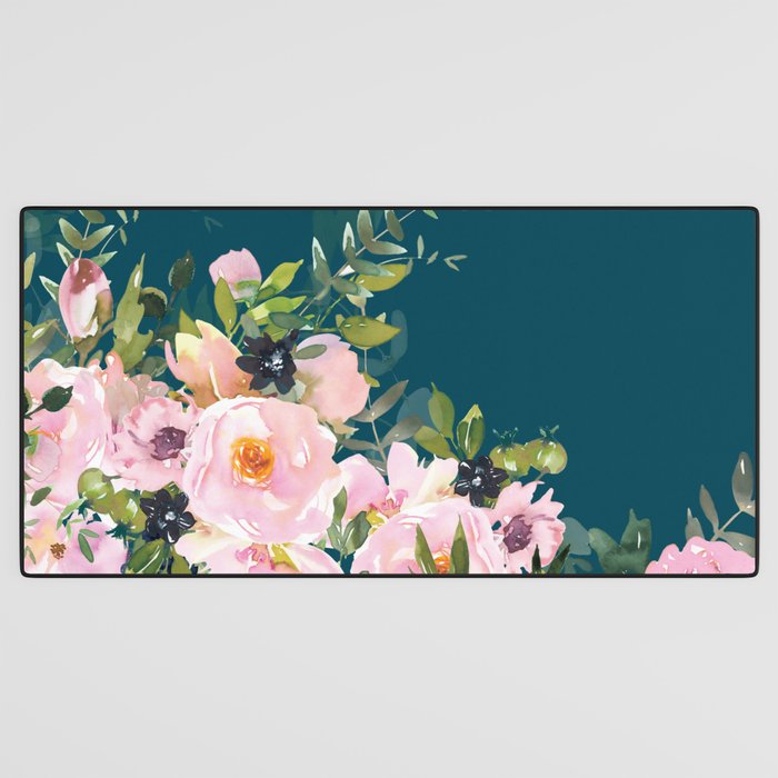 Floral Watercolor Roses, Teal and Pink, Vintage Desk Mat Gallery Image 3
