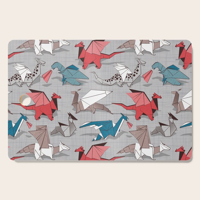 Origami dragon friends // linen texture background blue red grey and taupe fantastic creatures Cutting Board Gallery Image 1