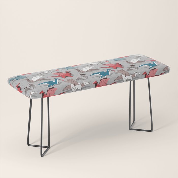 Origami dragon friends // linen texture background blue red grey and taupe fantastic creatures Bench Gallery Image 1