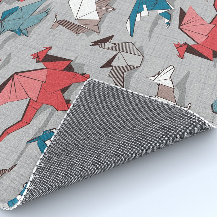 Origami dragon friends // linen texture background blue red grey and taupe fantastic creatures Rug Gallery Image 4