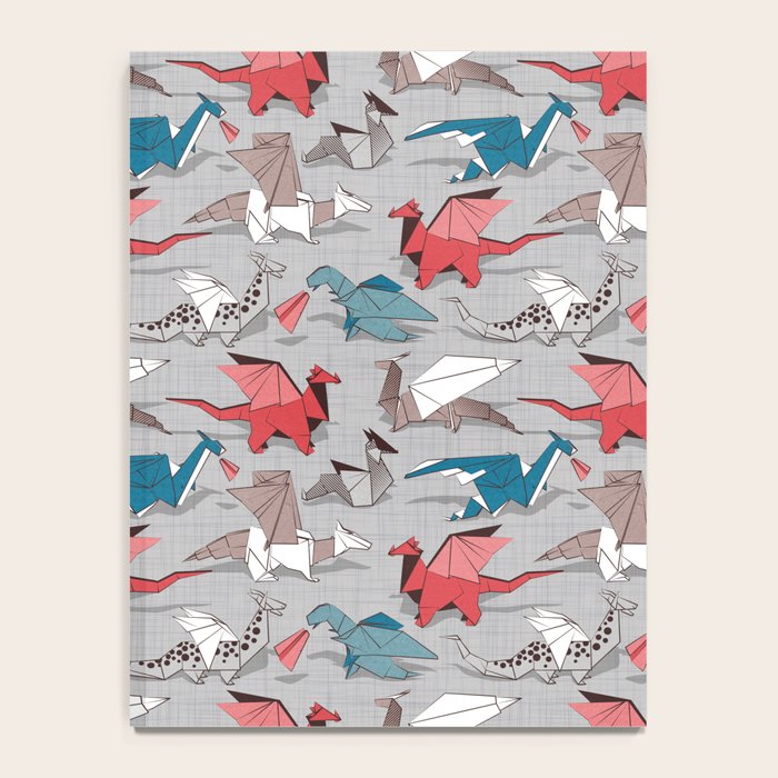 Origami dragon friends // linen texture background blue red grey and taupe fantastic creatures Notebook Gallery Image 4