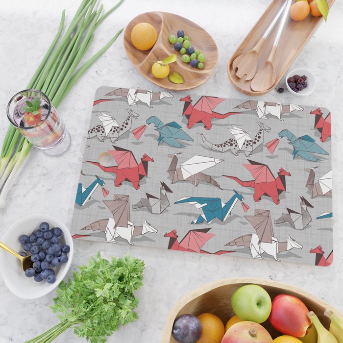 Origami dragon friends // linen texture background blue red grey and taupe fantastic creatures Cutting Board Gallery Image 2