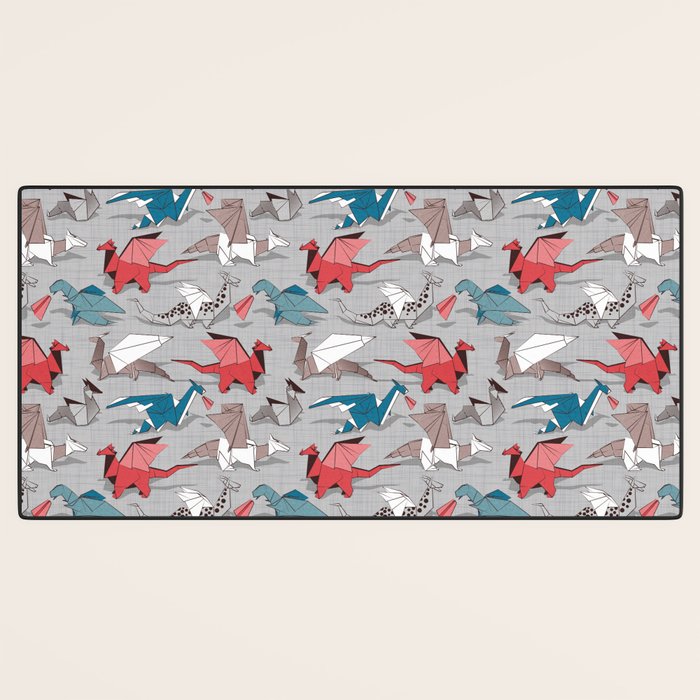 Origami dragon friends // linen texture background blue red grey and taupe fantastic creatures Desk Mat Gallery Image 3