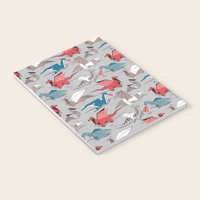 Origami dragon friends // linen texture background blue red grey and taupe fantastic creatures Notebook Gallery Image 3