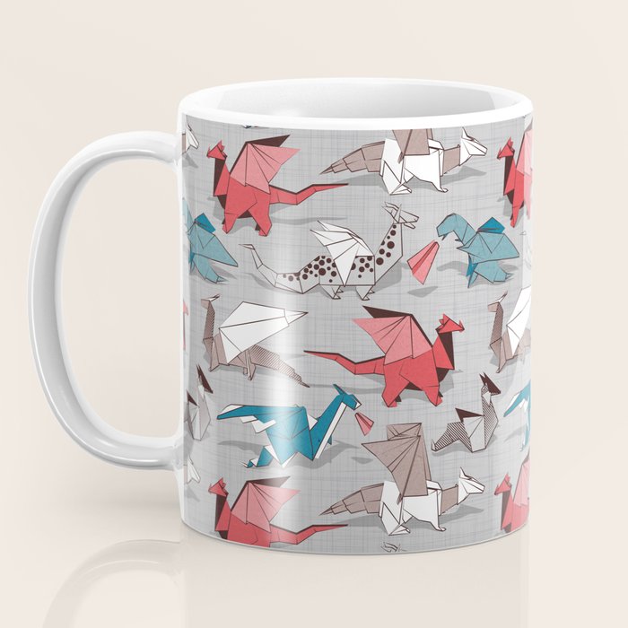 Origami dragon friends // linen texture background blue red grey and taupe fantastic creatures Coffee Mug Gallery Image 3