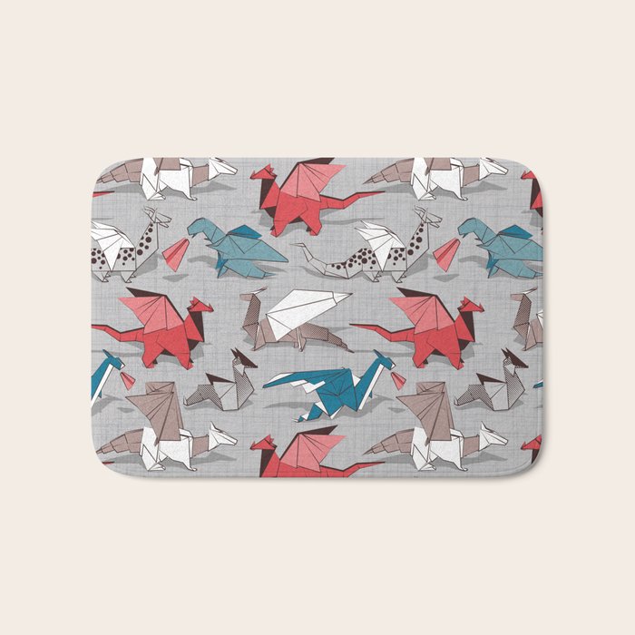 Origami dragon friends // linen texture background blue red grey and taupe fantastic creatures Bath Mat Gallery Image 1