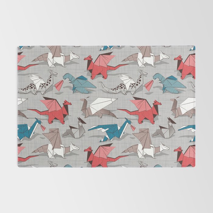 Origami dragon friends // linen texture background blue red grey and taupe fantastic creatures Rug Gallery Image 2