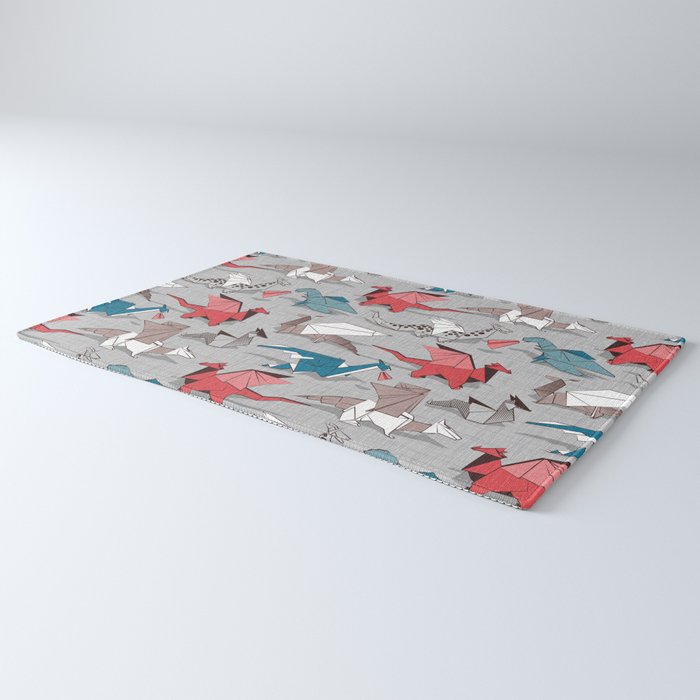 Origami dragon friends // linen texture background blue red grey and taupe fantastic creatures Rug Gallery Image 3
