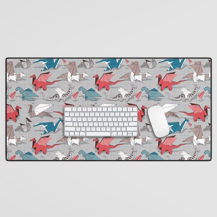 Origami dragon friends // linen texture background blue red grey and taupe fantastic creatures Desk Mat Gallery Image 1