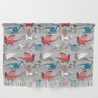 Origami dragon friends // linen texture background blue red grey and taupe fantastic creatures Wall Hanging Gallery Image 1