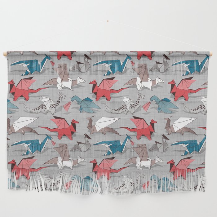 Origami dragon friends // linen texture background blue red grey and taupe fantastic creatures Wall Hanging Gallery Image 1