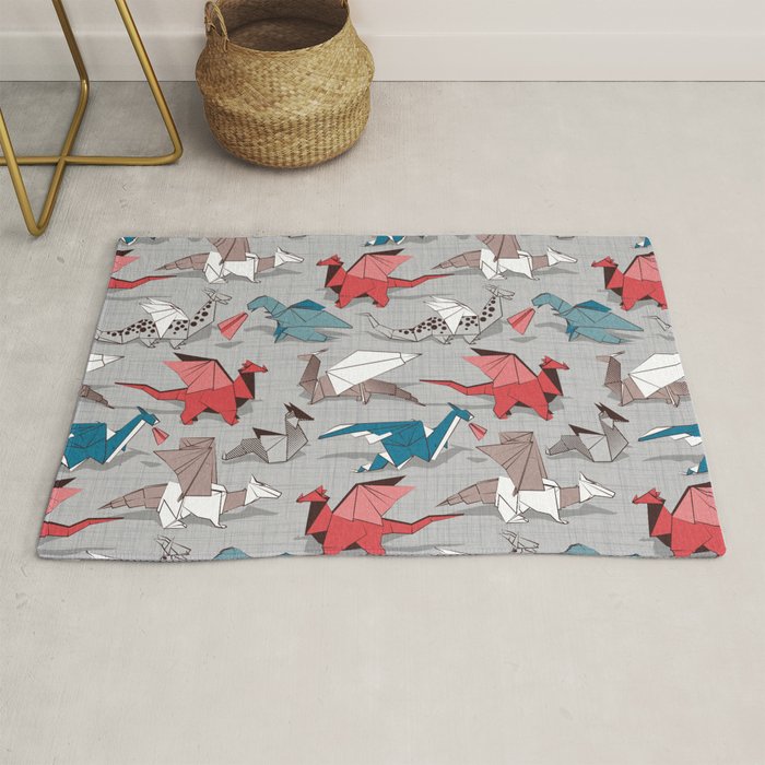 Origami dragon friends // linen texture background blue red grey and taupe fantastic creatures Rug Gallery Image 1