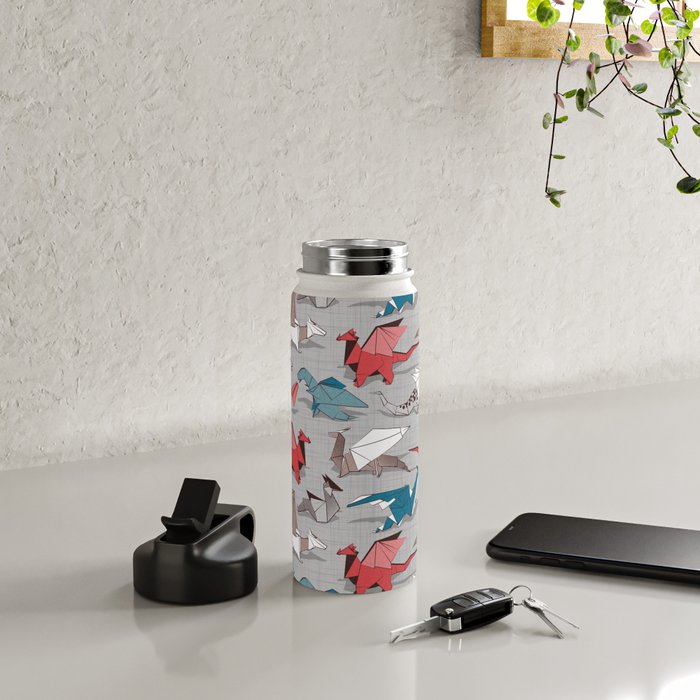Origami dragon friends // linen texture background blue red grey and taupe fantastic creatures Water Bottle Gallery Image 4