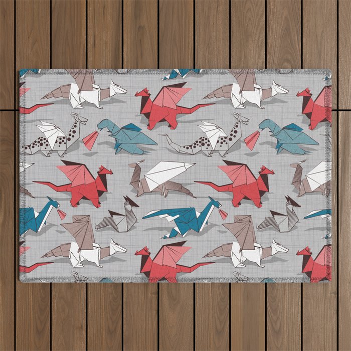 Origami dragon friends // linen texture background blue red grey and taupe fantastic creatures Outdoor Rug Gallery Image 1