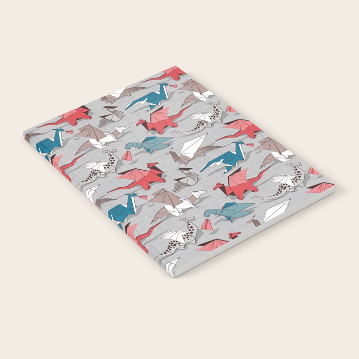 Origami dragon friends // linen texture background blue red grey and taupe fantastic creatures Notebook Gallery Image 2