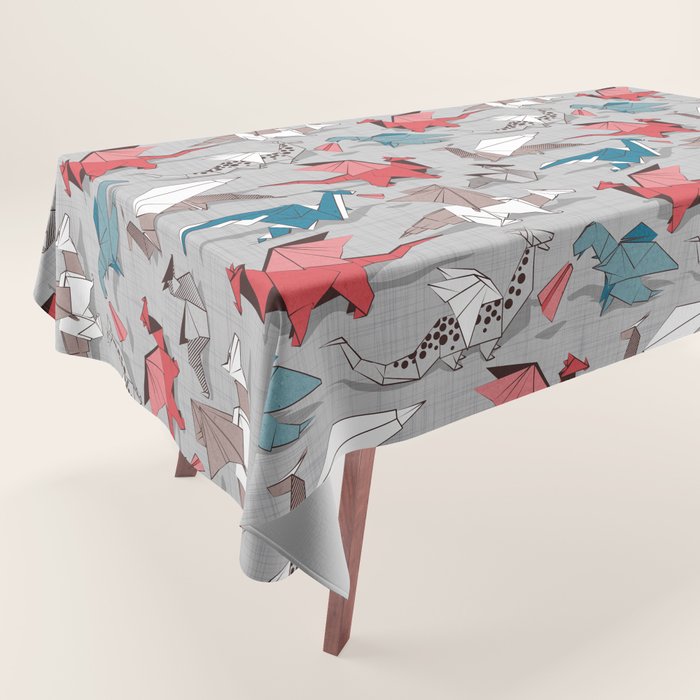 Origami dragon friends // linen texture background blue red grey and taupe fantastic creatures Tablecloth Gallery Image 1