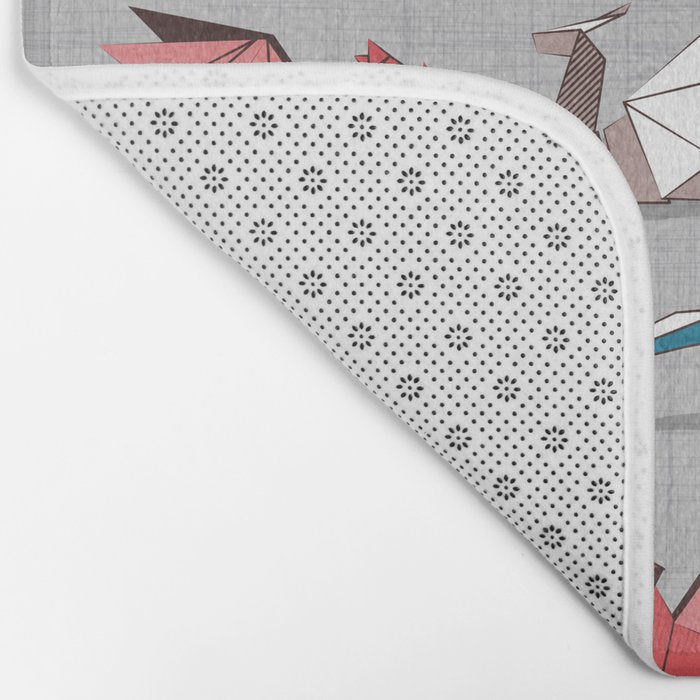 Origami dragon friends // linen texture background blue red grey and taupe fantastic creatures Bath Mat Gallery Image 2