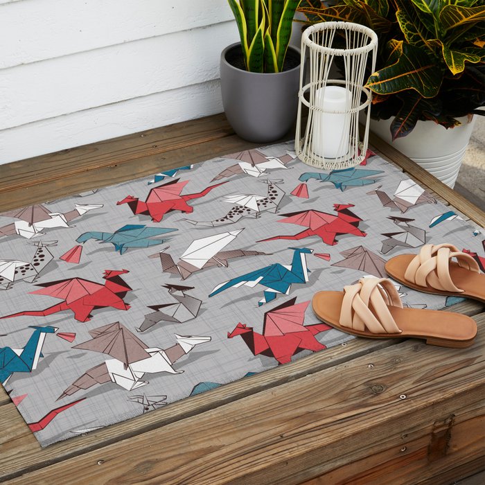Origami dragon friends // linen texture background blue red grey and taupe fantastic creatures Outdoor Rug Gallery Image 2