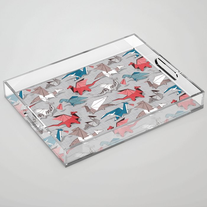 Origami dragon friends // linen texture background blue red grey and taupe fantastic creatures Acrylic Tray Gallery Image 1