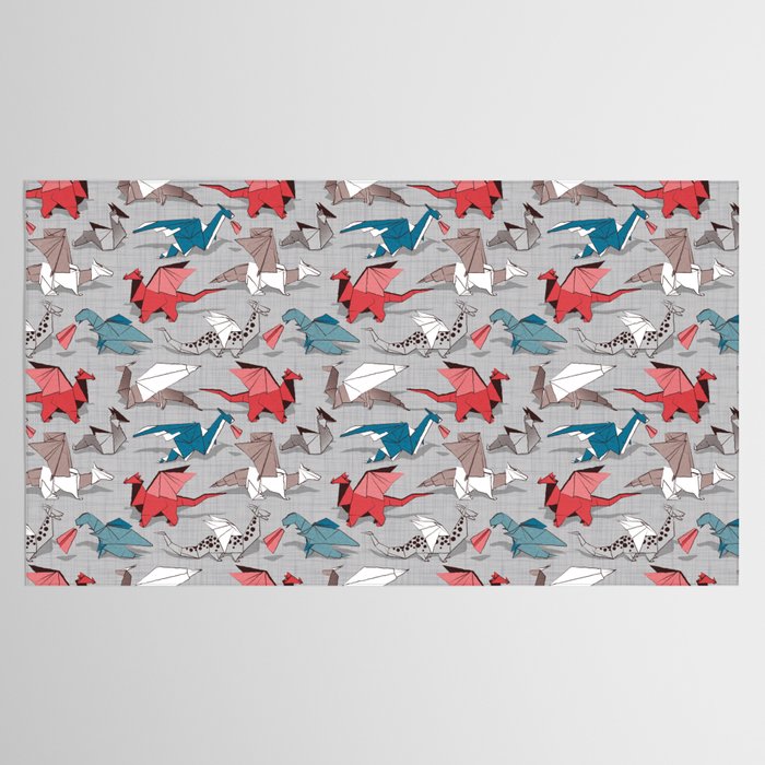 Origami dragon friends // linen texture background blue red grey and taupe fantastic creatures Tablecloth Gallery Image 2