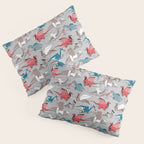 Origami dragon friends // linen texture background blue red grey and taupe fantastic creatures Pillow Sham Gallery Image 3