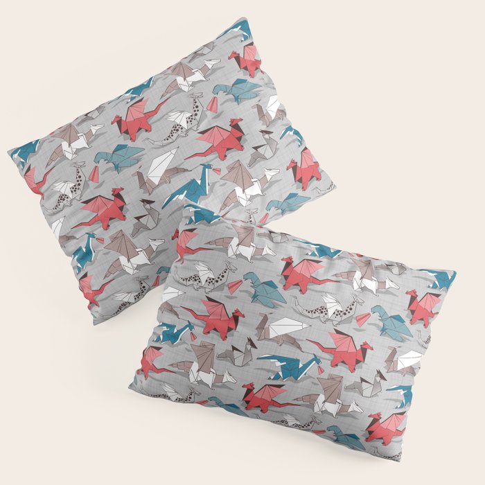 Origami dragon friends // linen texture background blue red grey and taupe fantastic creatures Pillow Sham Gallery Image 3